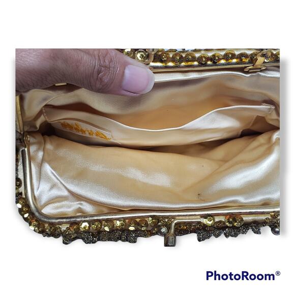 Vintage Richere Gold Sequin Beaded Evening Clutch / Bag Gold Chain and Clasp - Picture 4 of 8